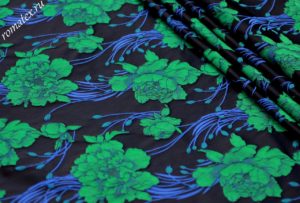 Портьерная ткань Жаккард тафта «КИТАЙСКАЯ РОЗА» цвет темно-синий зеленые цветы